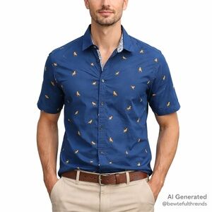 Denim & Flower Slim Fit Dog Print Button-Up Shirt Blue Men’s XL